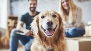 Happy golden retriever sitting in front of a smiling couple in a cozy living room with moving boxes on a sunny day